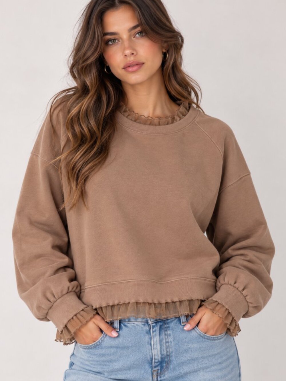 Very J Ruffle Taupe Brown Feminine Terry Cloth Pullover Sweater Top New